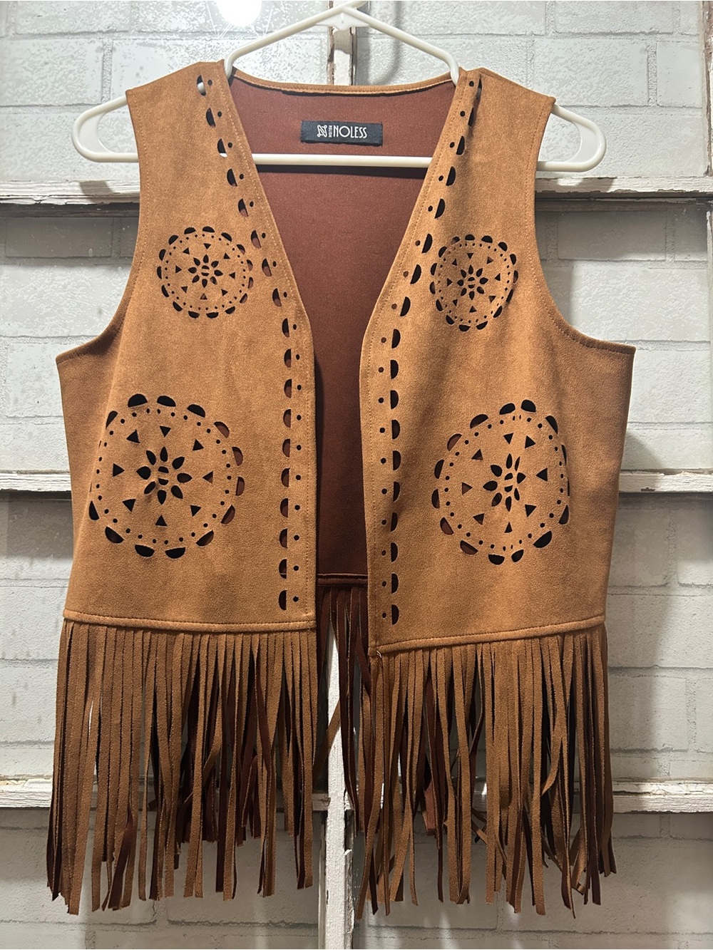 🤎 Relish Noless Faux Suede Fringe Vest | Boho Laser Cut Out Festival Top - M